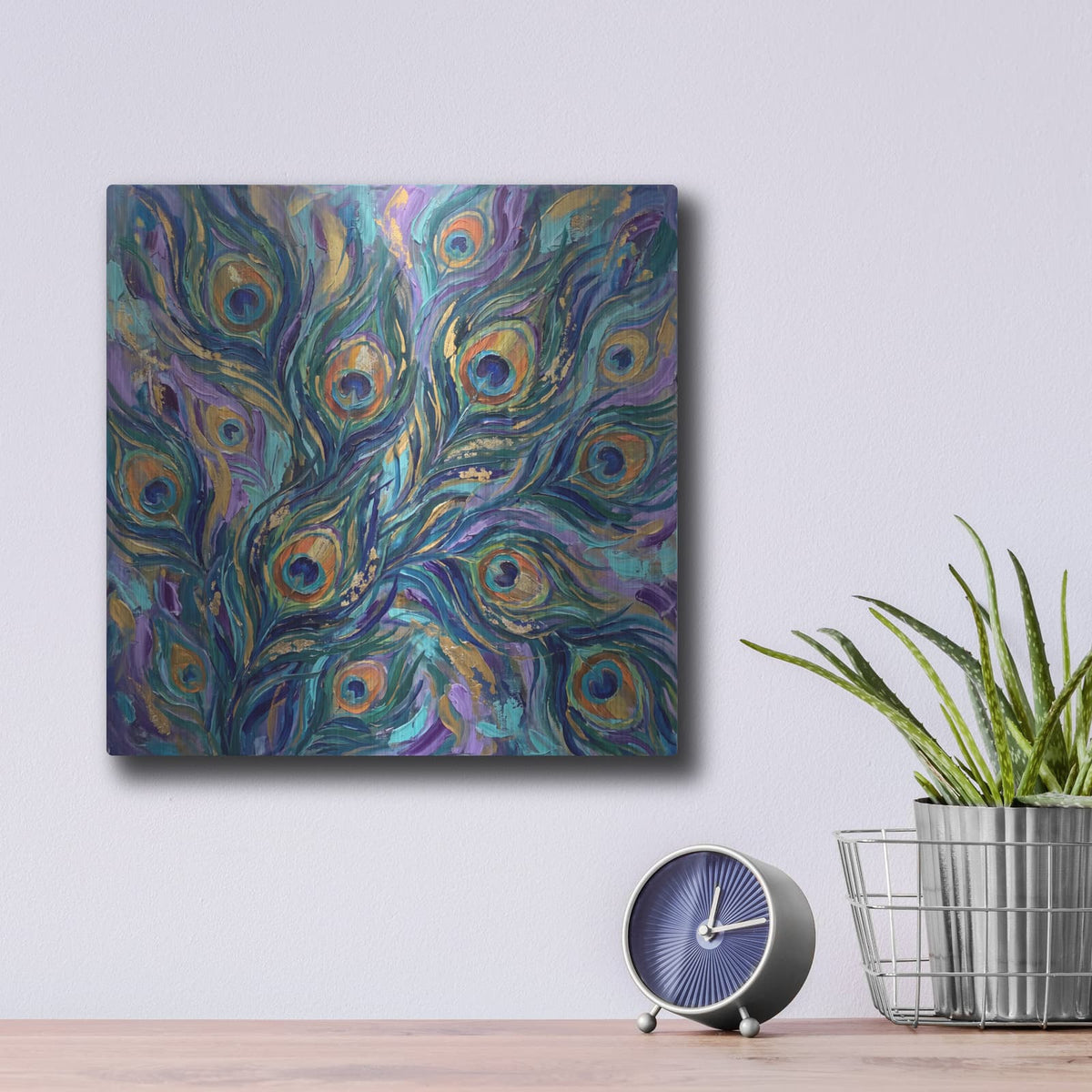 'Abstract Peacock Radiance II' by Veve – Metal Wall Art, 12x12 room view