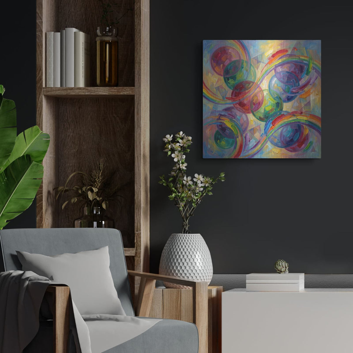 'Abstract Rainbow I' by Veve – Metal Wall Art, 24x24 room view