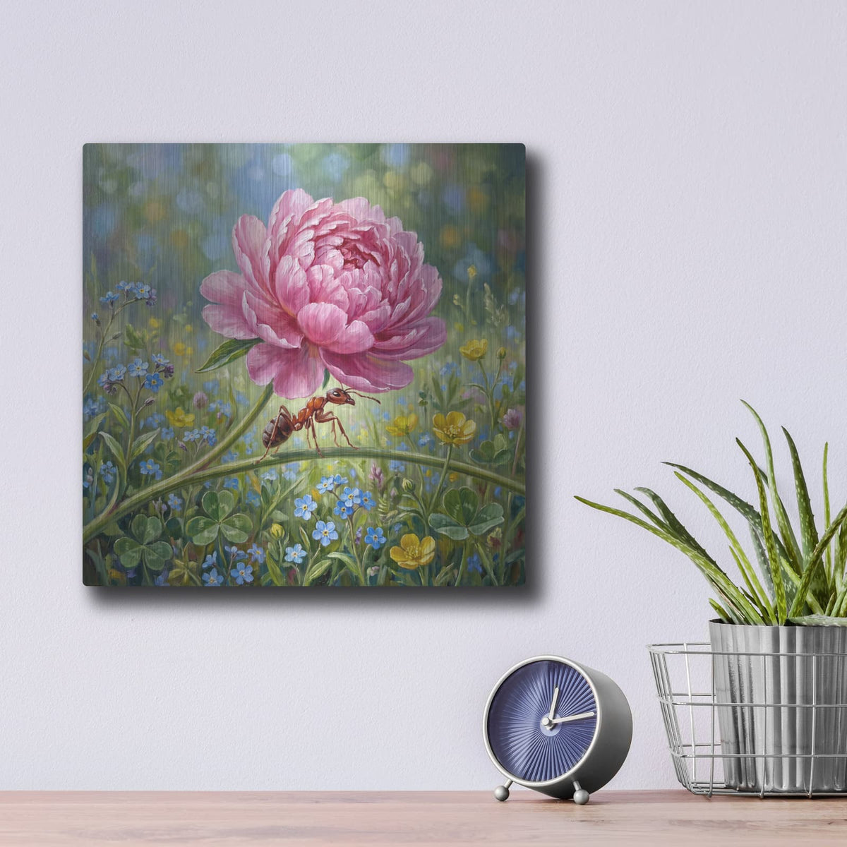 'Ant and Peony' by Veve – Metal Wall Art, 12x12 room view