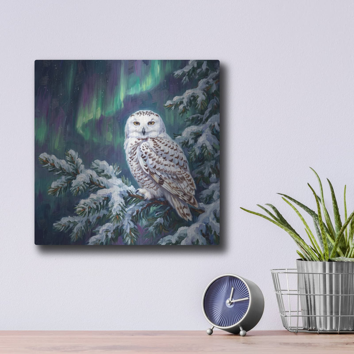 'Aurora Watch Snowy Owl Under Northern Lights' by Veve – Metal Wall Art, 12x12 room view