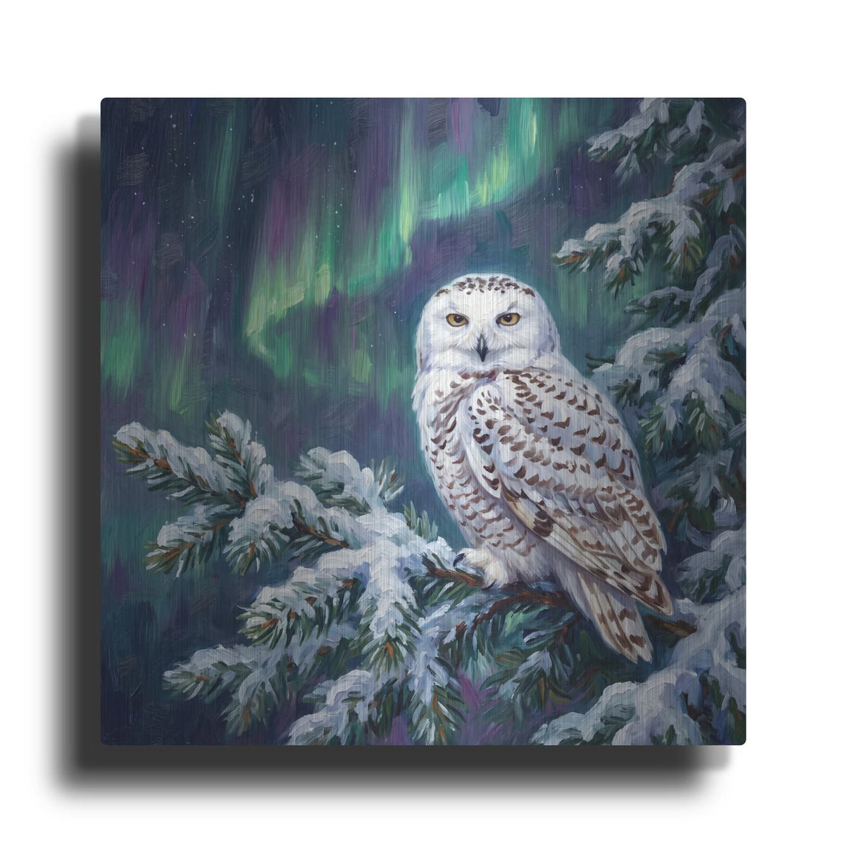'Aurora Watch Snowy Owl Under Northern Lights' by Veve – Metal Wall Art