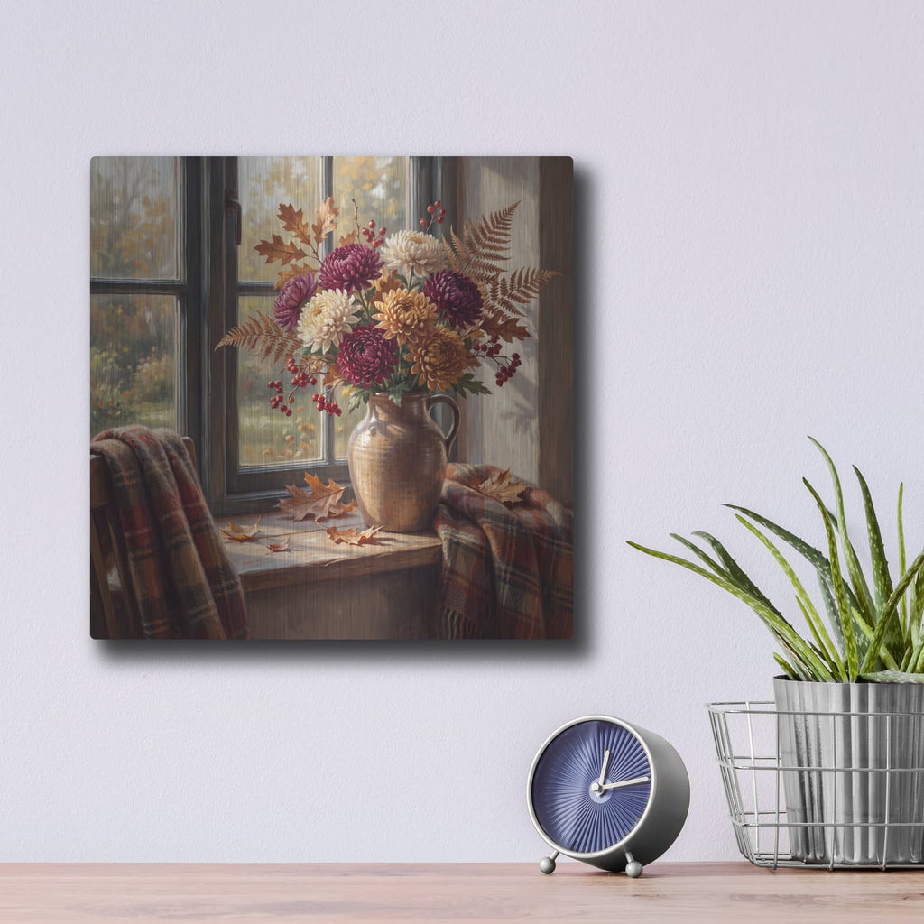 'Autumn Chrysanthemums' by Veve – Metal Wall Art, 12x12 room view
