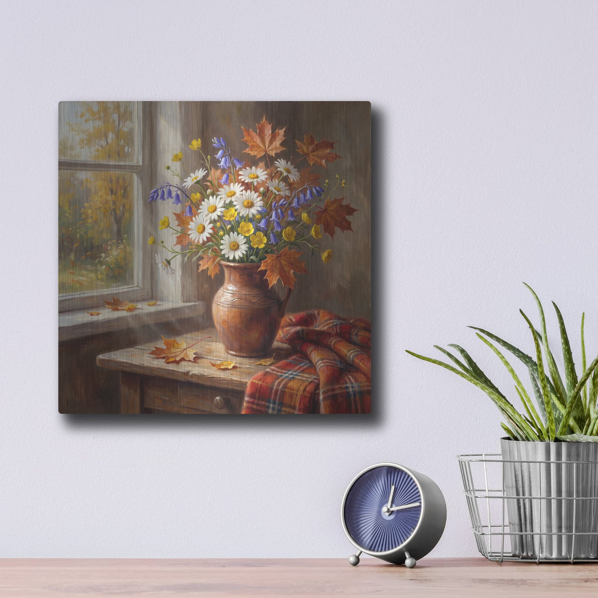 'Autumn Daisies by the Window' by Veve – Metal Wall Art, 12x12 room view