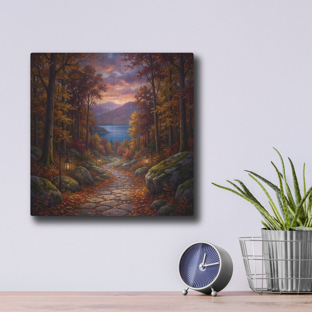 'Autumn Forest Path' by Veve – Metal Wall Art, 12x12 room view