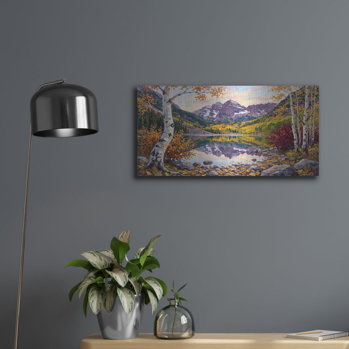 'Autumn Majesty - The Mountain Lake' by Veve – Metal Wall Art, 24x12 room view