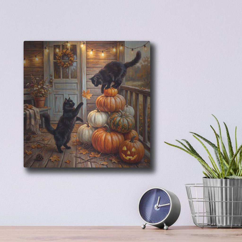 'Autumn Porch and Cats' by Veve – Metal Wall Art, 12x12 room view
