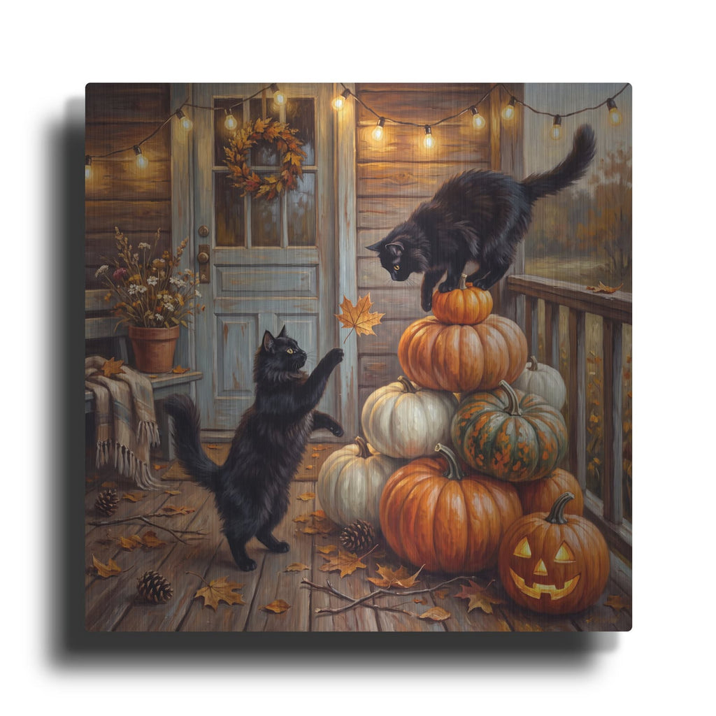 'Autumn Porch and Cats' by Veve – Metal Wall Art