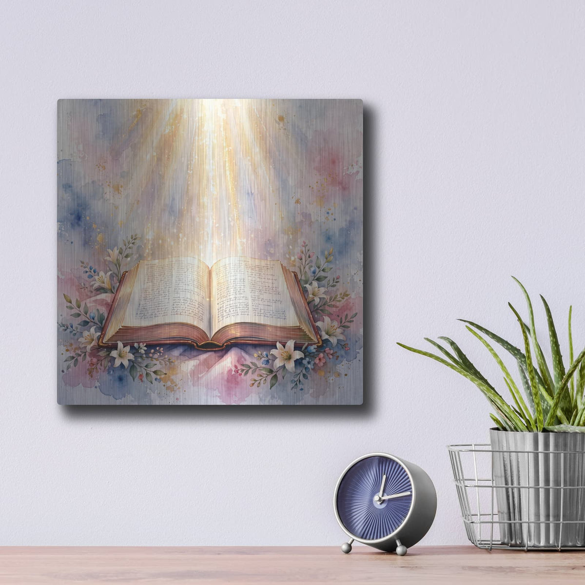 'Bible Divine Light' by Veve – Metal Wall Art, 12x12 room view