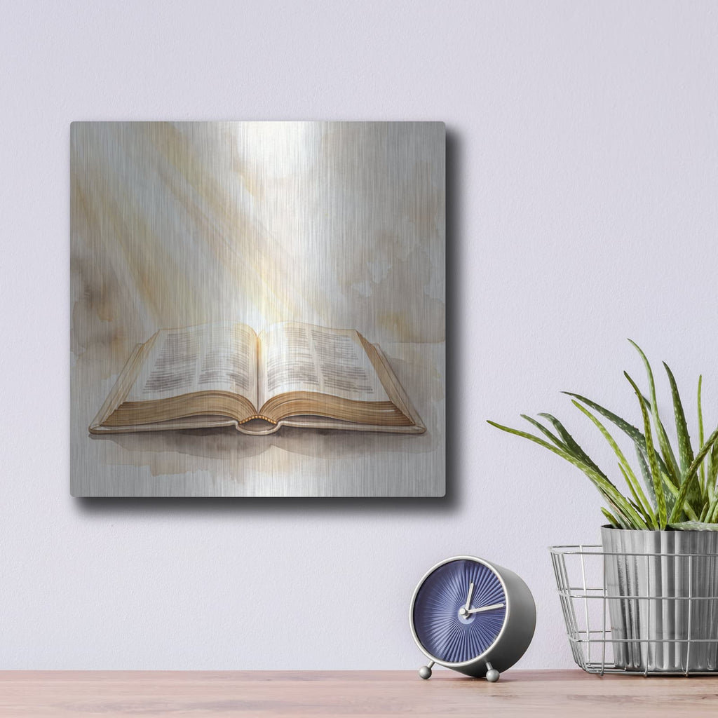 'Bible Golden Light' by Veve – Metal Wall Art, 12x12 room view