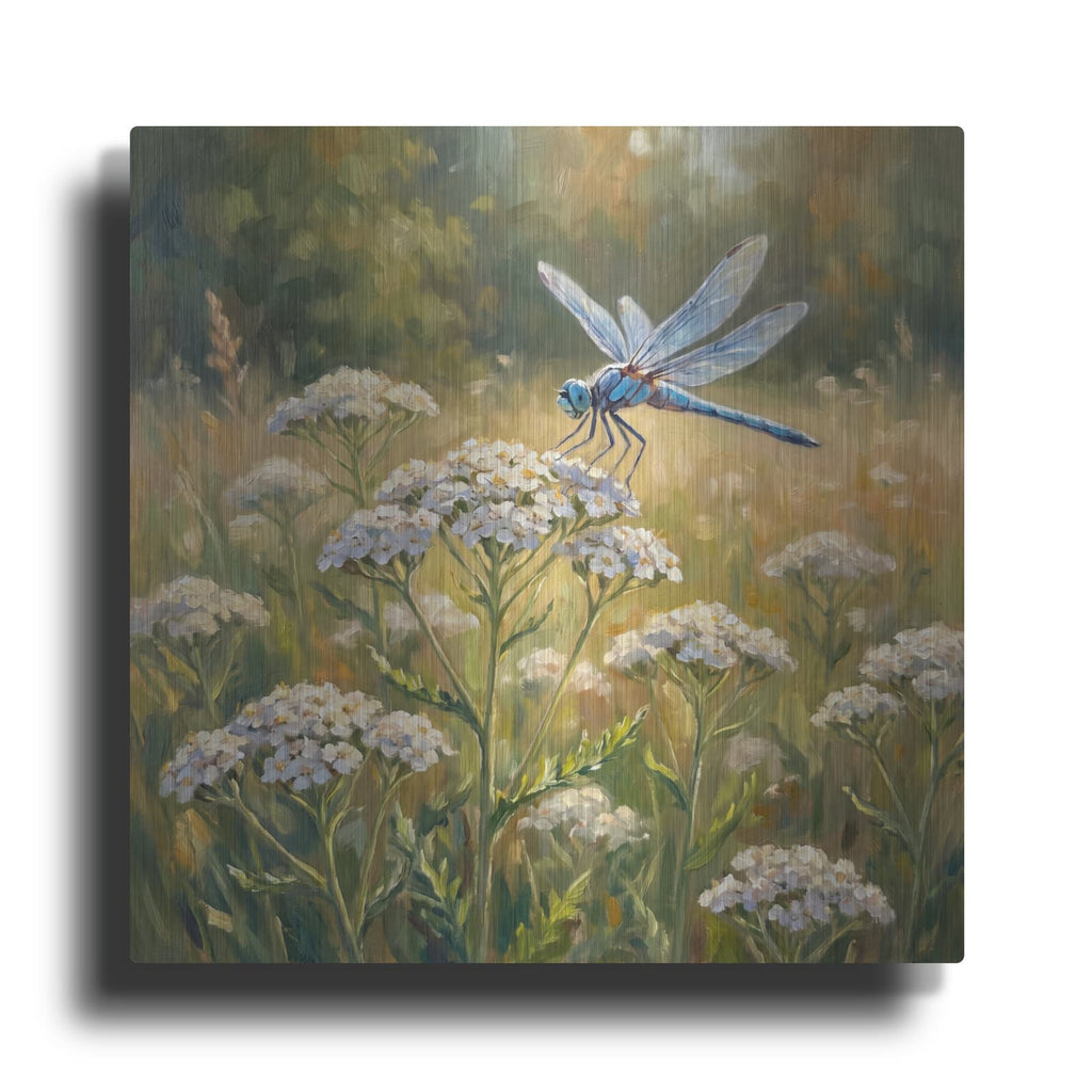 'Blue Dragonfly and Yarrow' by Veve – Metal Wall Art