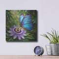 'Blue Morpho and Passionflower' by Veve – Metal Wall Art, 12x12 room view