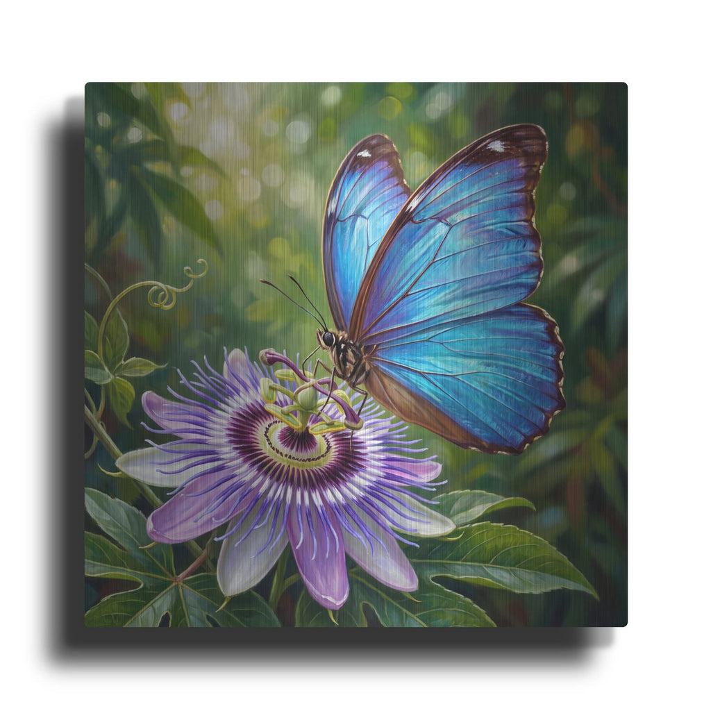 'Blue Morpho and Passionflower' by Veve – Metal Wall Art