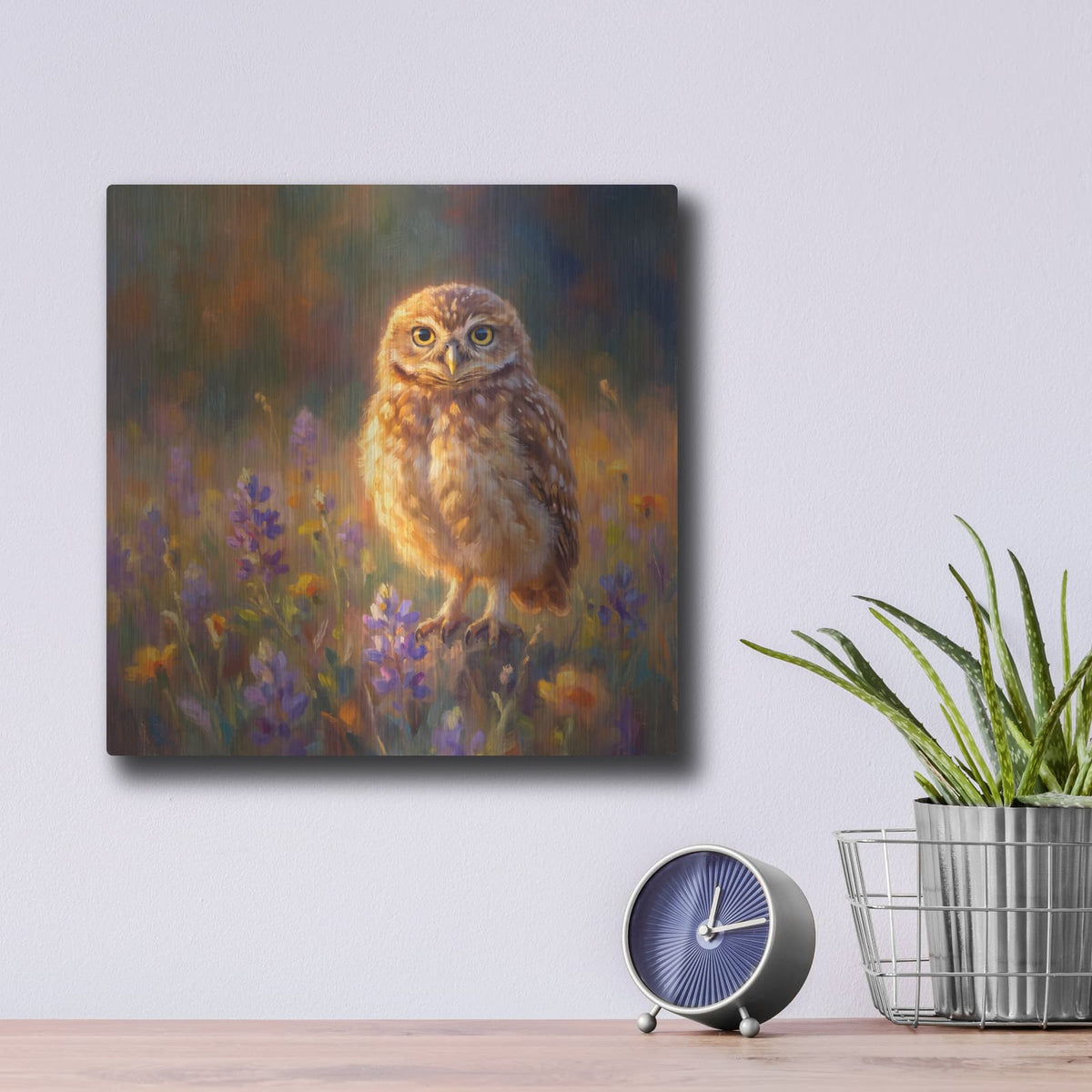 'Burrowing Owl in Wildflowers' by Veve – Metal Wall Art, 12x12 room view