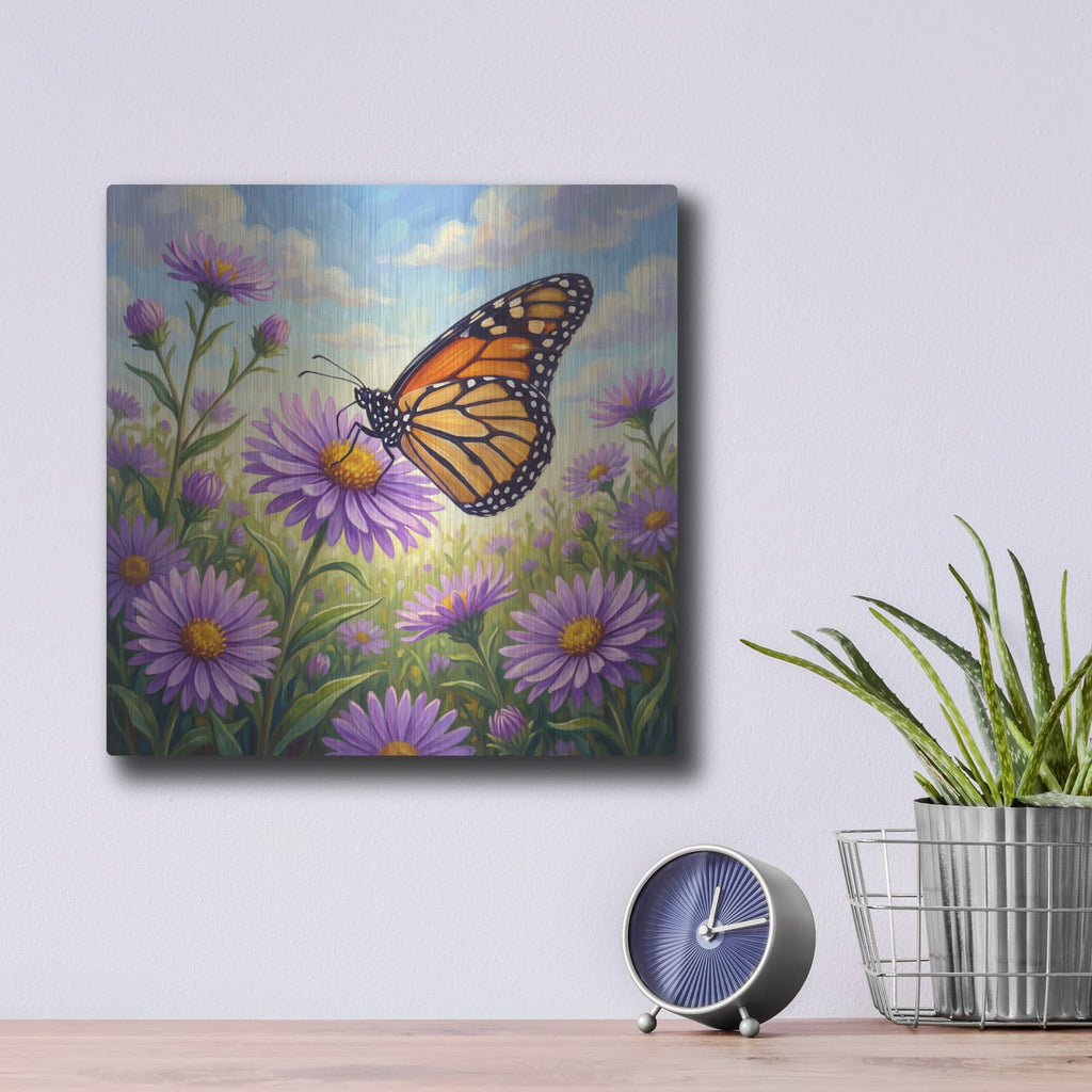'Butterfly and Aster' by Veve – Metal Wall Art, 12x12 room view