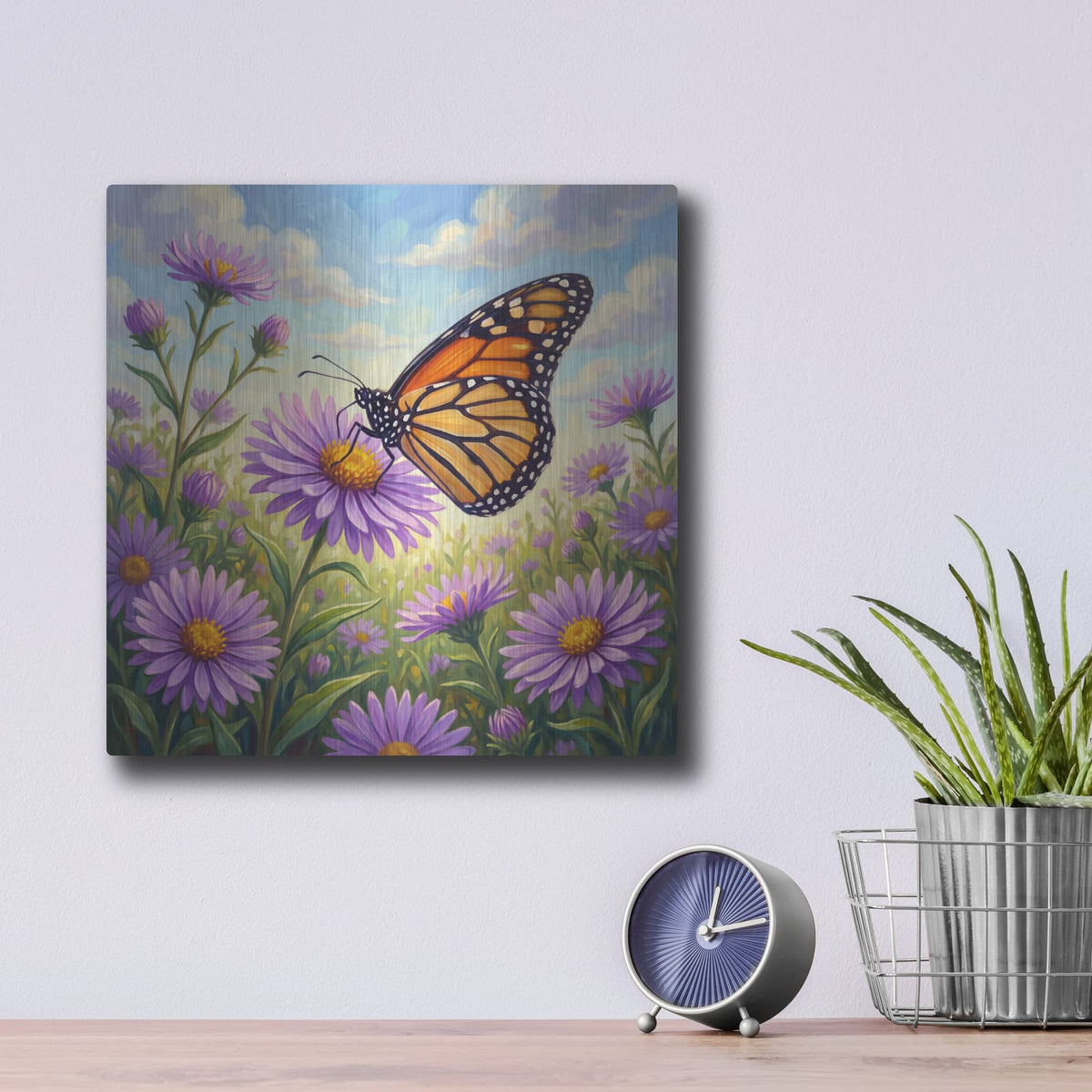 'Butterfly and Aster' by Veve – Metal Wall Art, 12x12 room view
