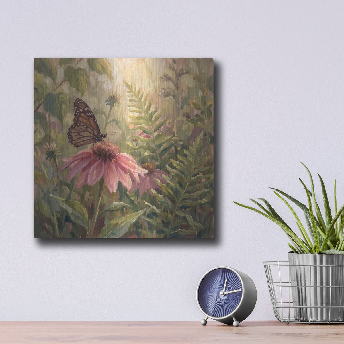 'Butterfly and Coneflower' by Veve – Metal Wall Art, 12x12 room view