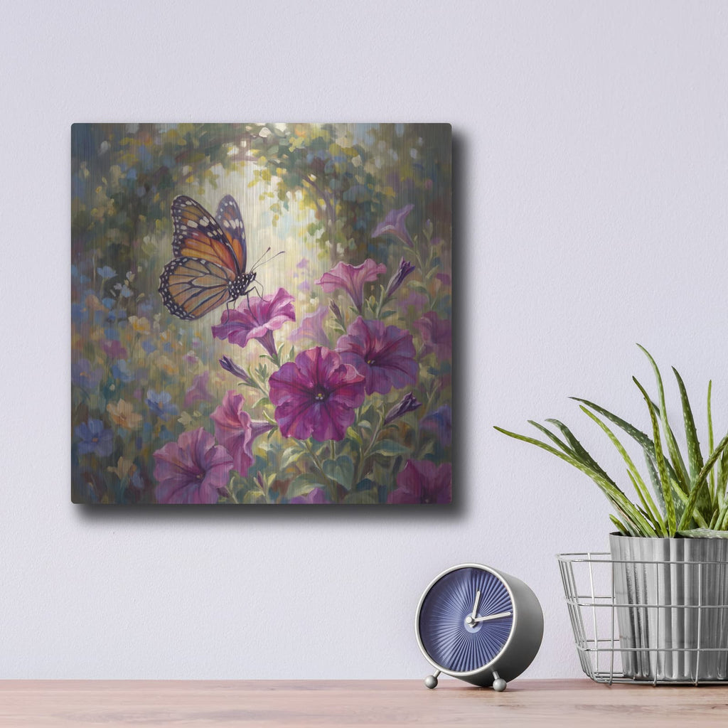 'Butterfly and Petunia' by Veve – Metal Wall Art, 12x12 room view