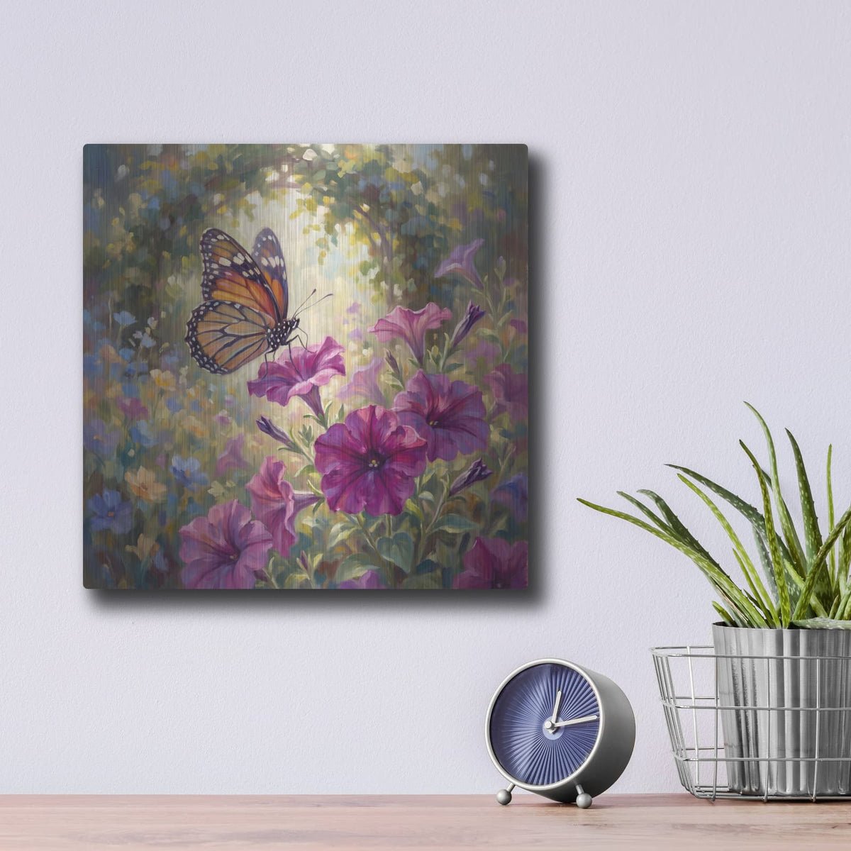 'Butterfly and Petunia' by Veve – Metal Wall Art, 12x12 room view