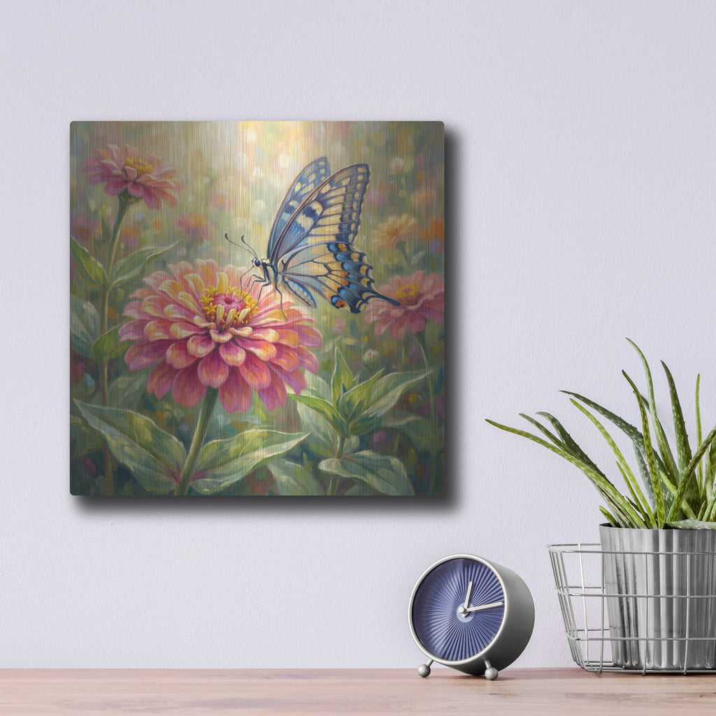 'Butterfly and Zinnia' by Veve – Metal Wall Art, 12x12 room view