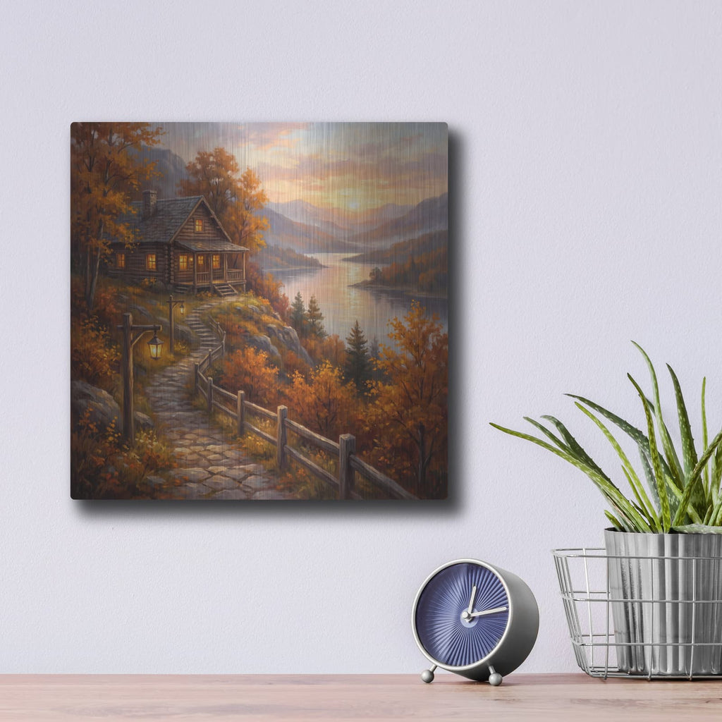 'Cabin Above Golden Lake' by Veve – Metal Wall Art, 12x12 room view
