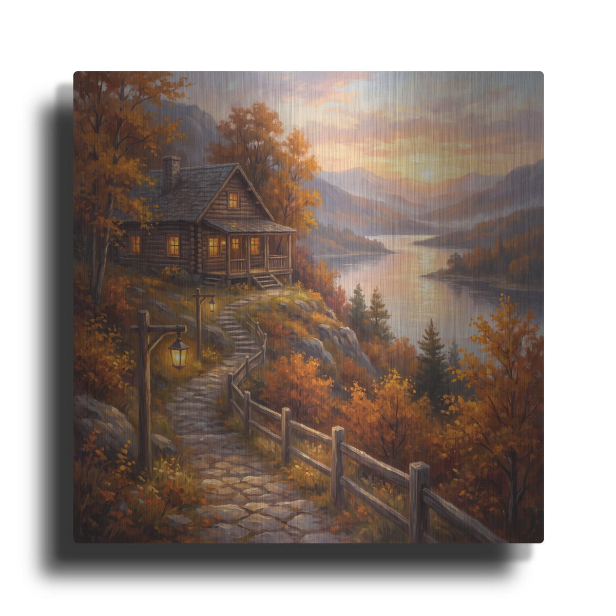 'Cabin Above Golden Lake' by Veve – Metal Wall Art