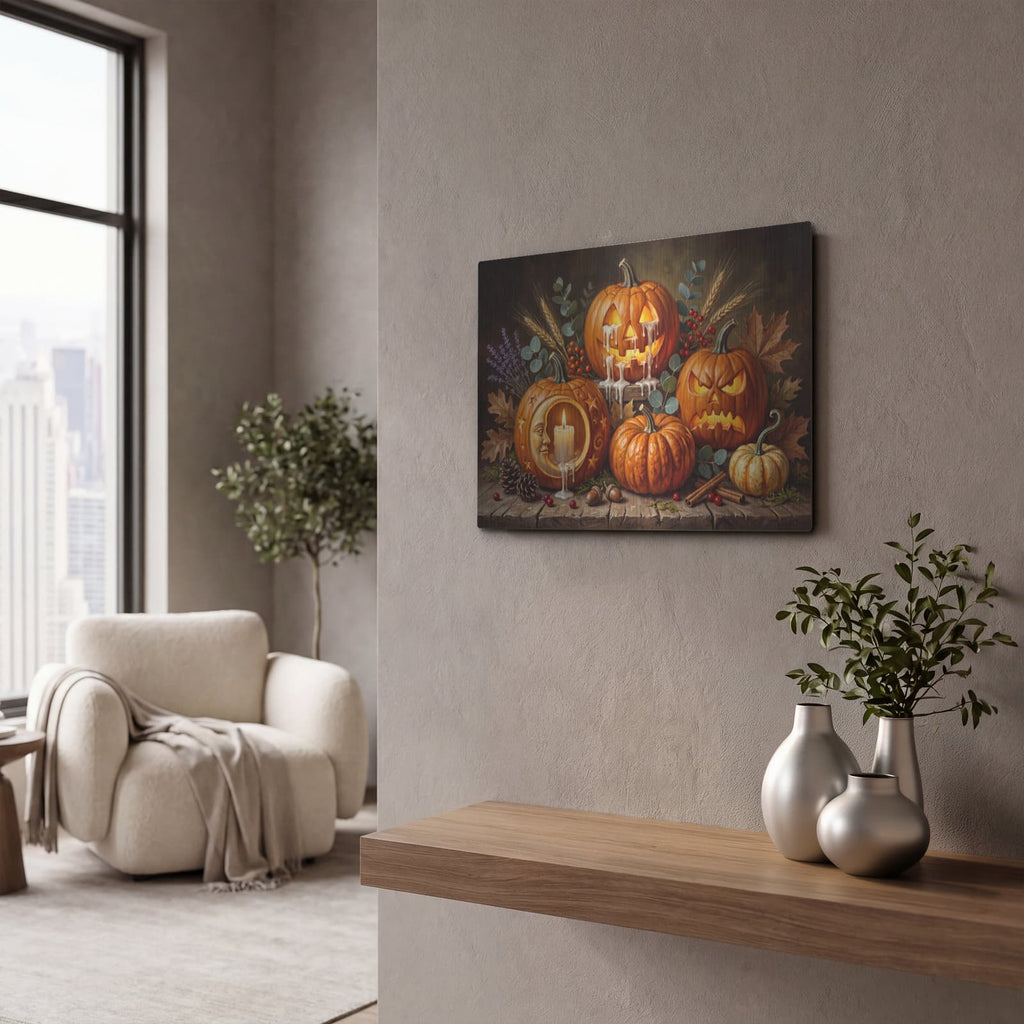 'Candlelit Carvings' by Veve – Metal Wall Art, 16x12 room view
