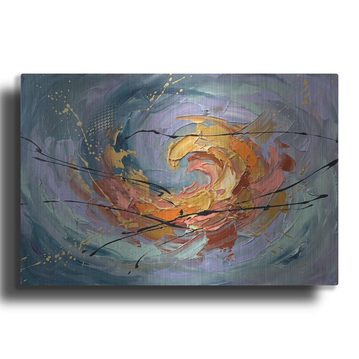 'Chaos in Amber and Teal' by Veve – Metal Wall Art
