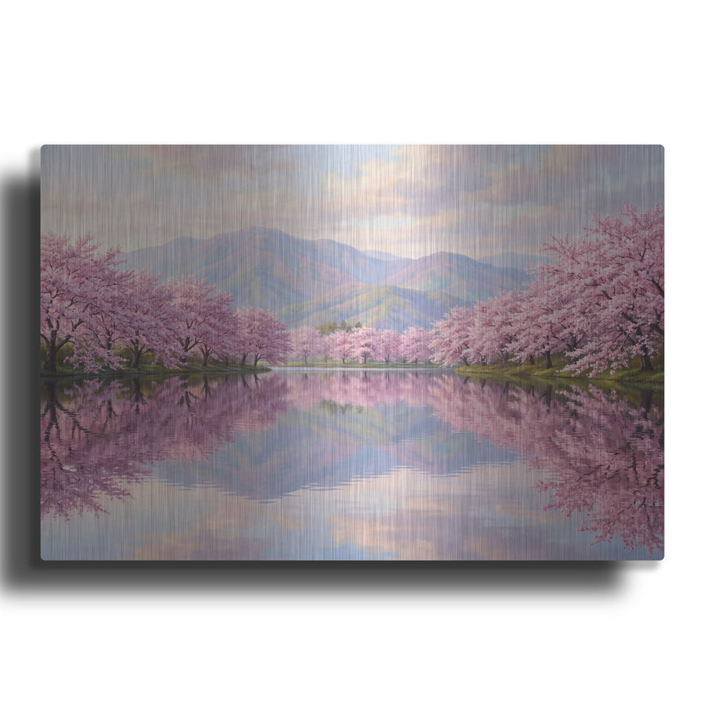 'Cherry Blossom Lake Reflection' by Veve – Metal Wall Art