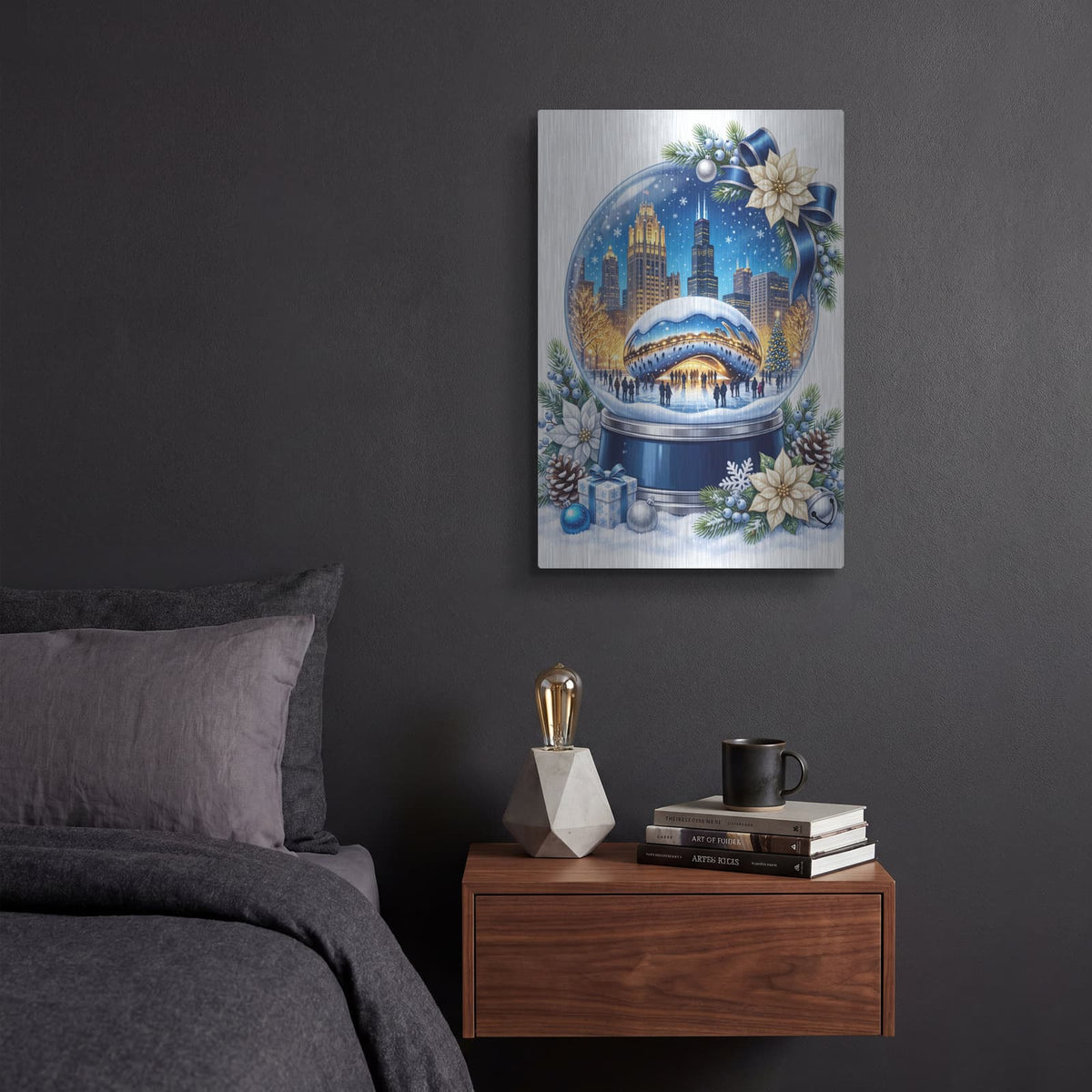 'Chicago Bean — Christmas Magic Snow Globe' by Veve – Metal Wall Art, 12x16 room view