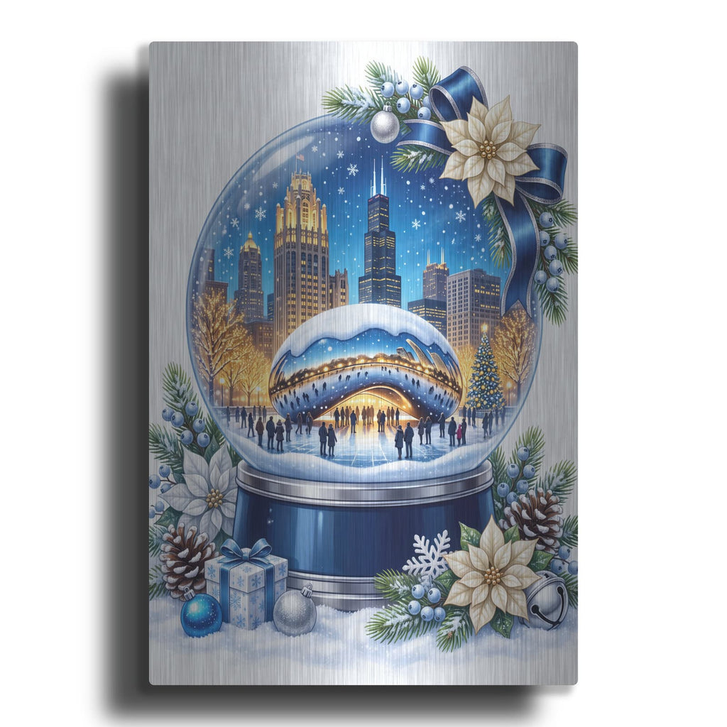 'Chicago Bean — Christmas Magic Snow Globe' by Veve – Metal Wall Art