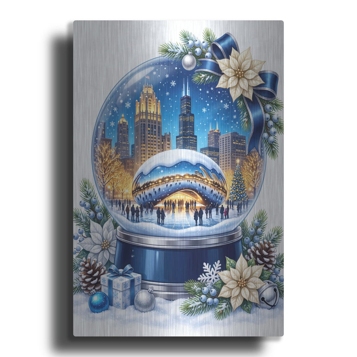 'Chicago Bean — Christmas Magic Snow Globe' by Veve – Metal Wall Art
