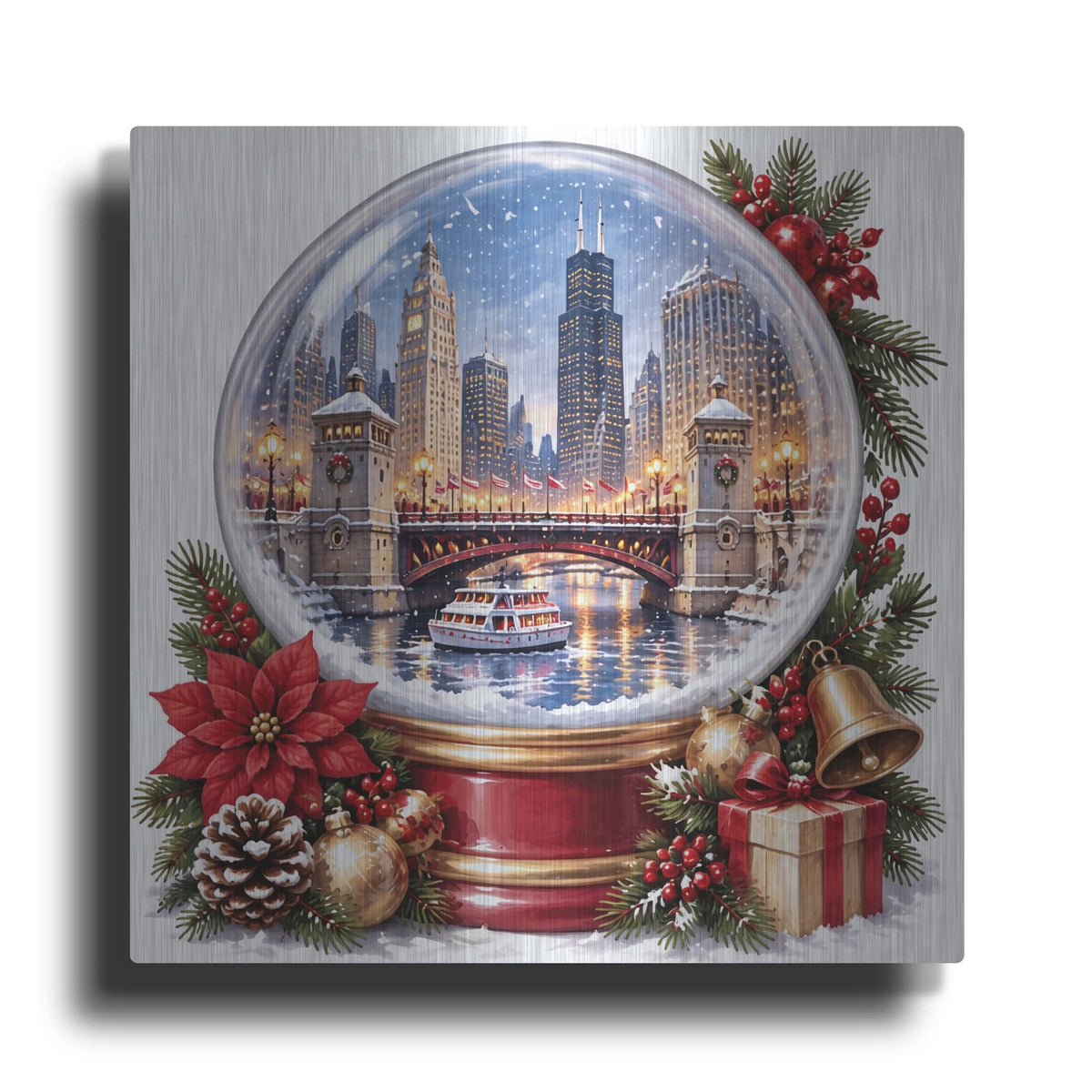 'Chicago Christmas — Red and Gold Snow Globe' by Veve – Metal Wall Art