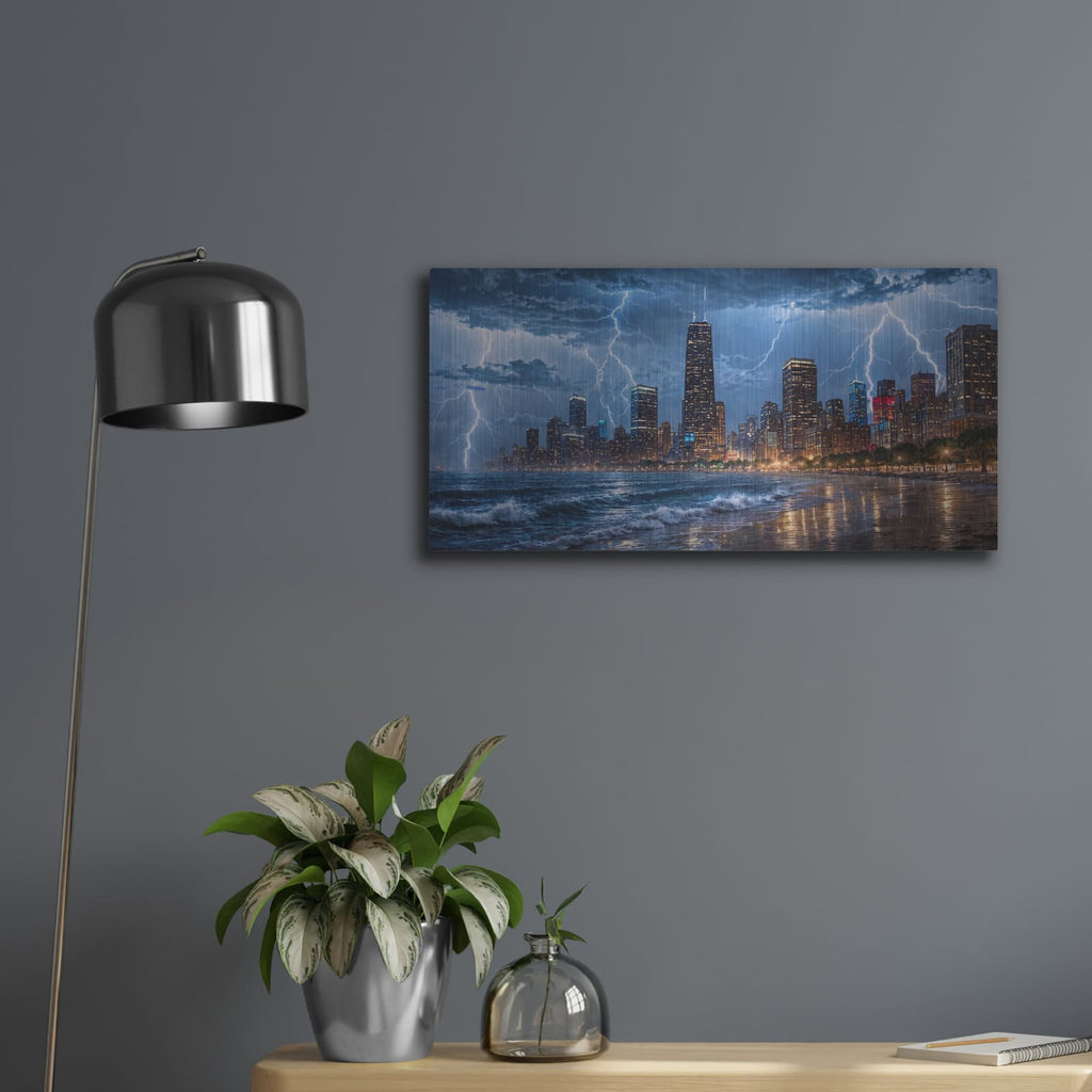 'Chicago Electric Storm Lakefront Lightning' by Veve – Metal Wall Art, 24x12 room view
