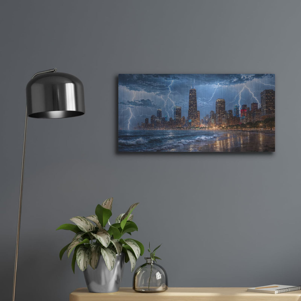 'Chicago Electric Storm Lakefront Lightning' by Veve – Metal Wall Art, 24x12 room view