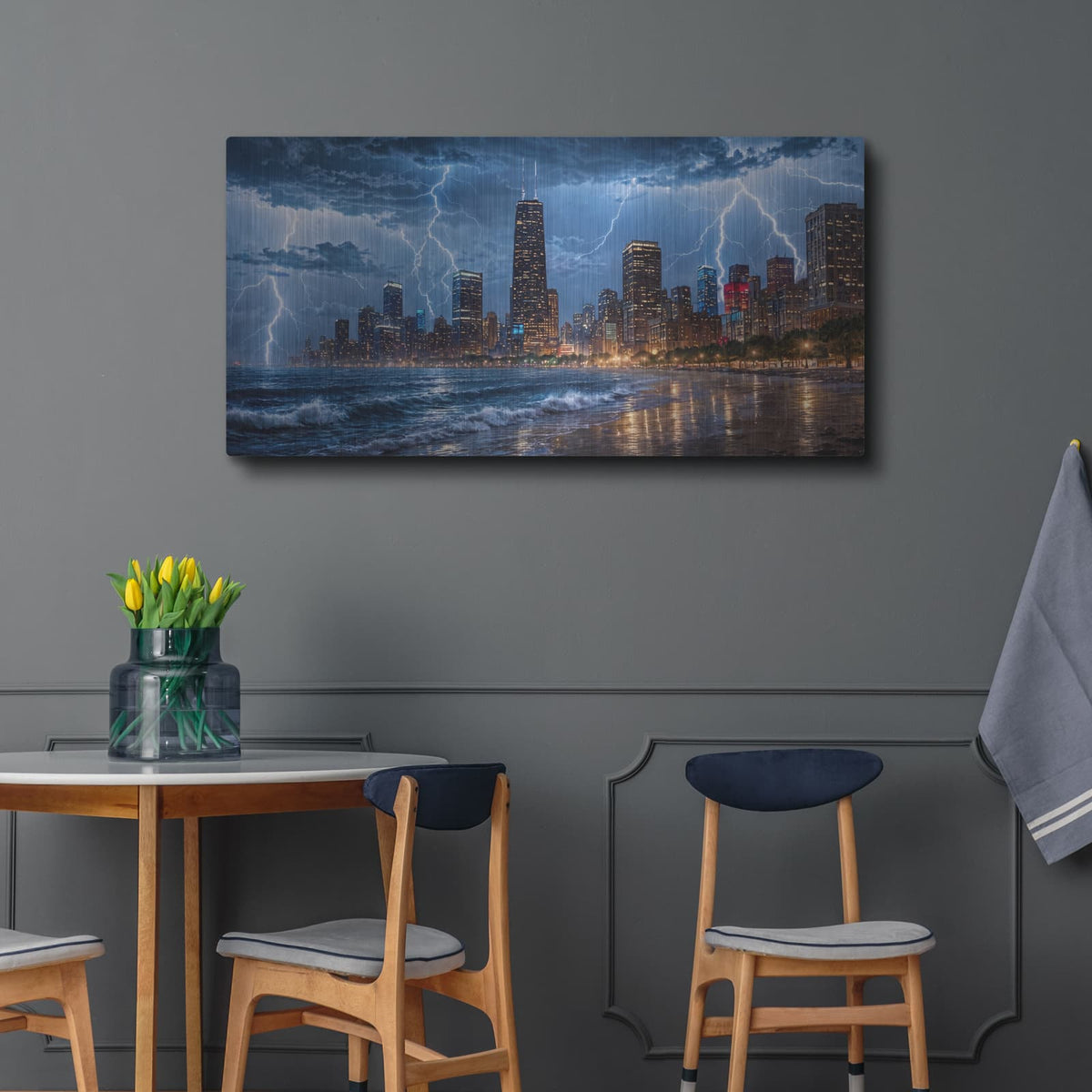 'Chicago Electric Storm Lakefront Lightning' by Veve – Metal Wall Art, 48x24 room view
