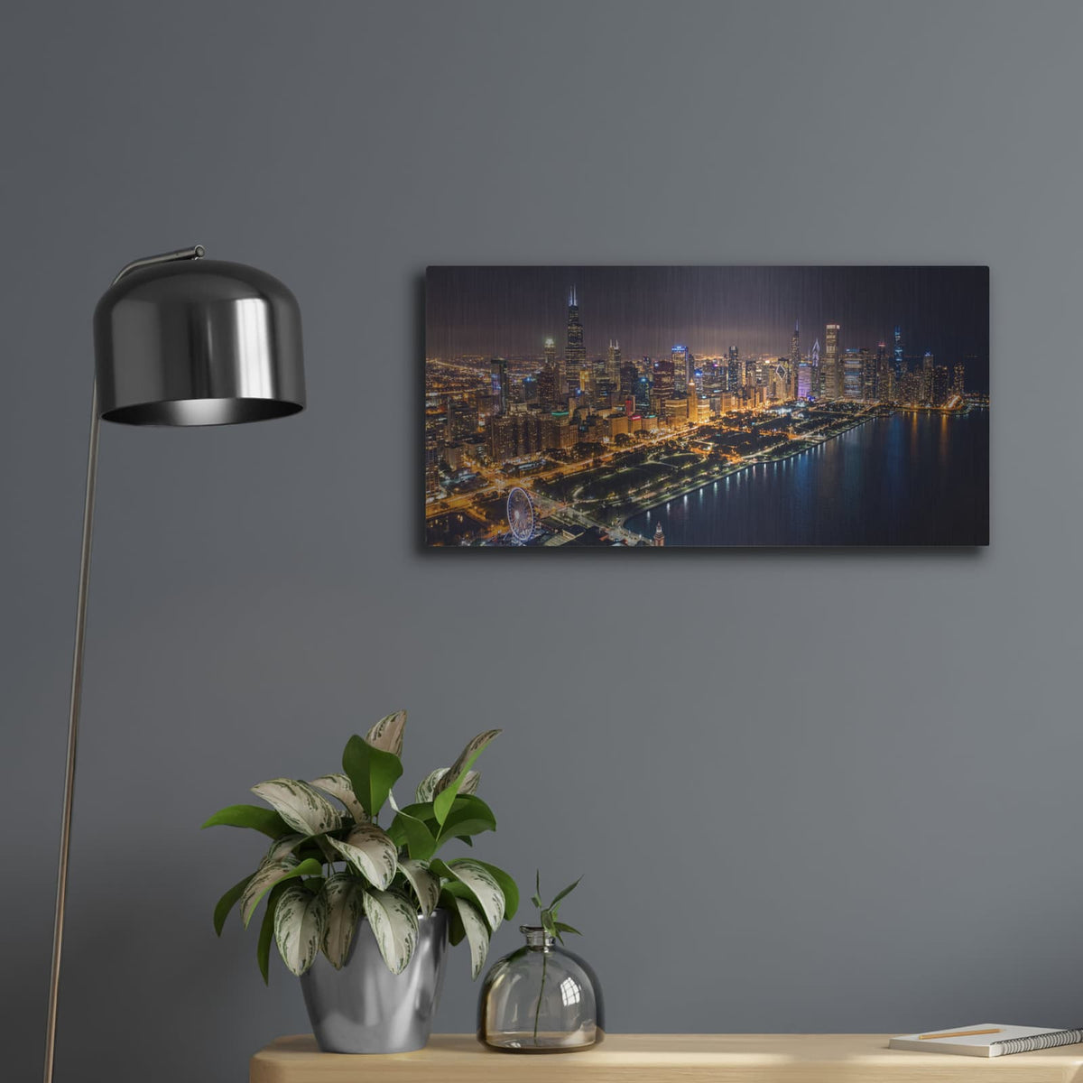 'Chicago in The Evening Lights' by Veve – Metal Wall Art, 24x12 room view