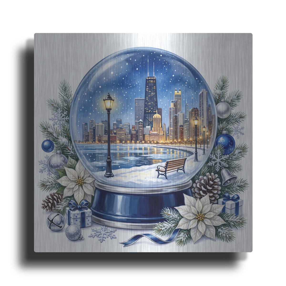 'Chicago Lakefront — Winter Blue Snow Globe' by Veve – Metal Wall Art