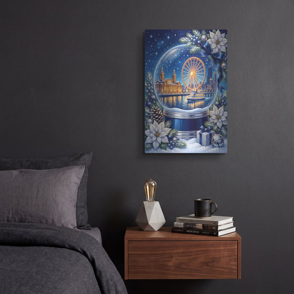 'Chicago Navy Pier — Winter Sparkle Snow Globe' by Veve – Metal Wall Art, 12x16 room view