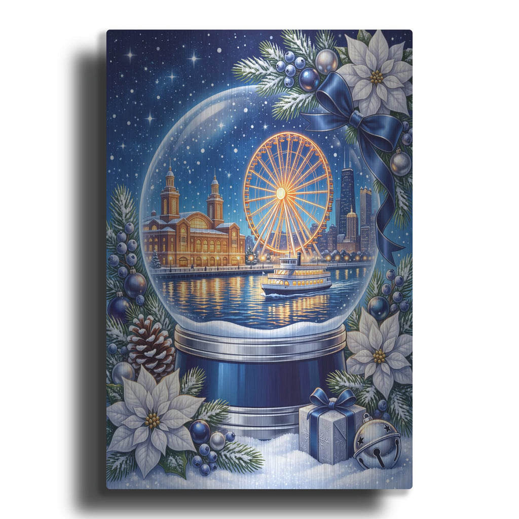 'Chicago Navy Pier — Winter Sparkle Snow Globe' by Veve – Metal Wall Art