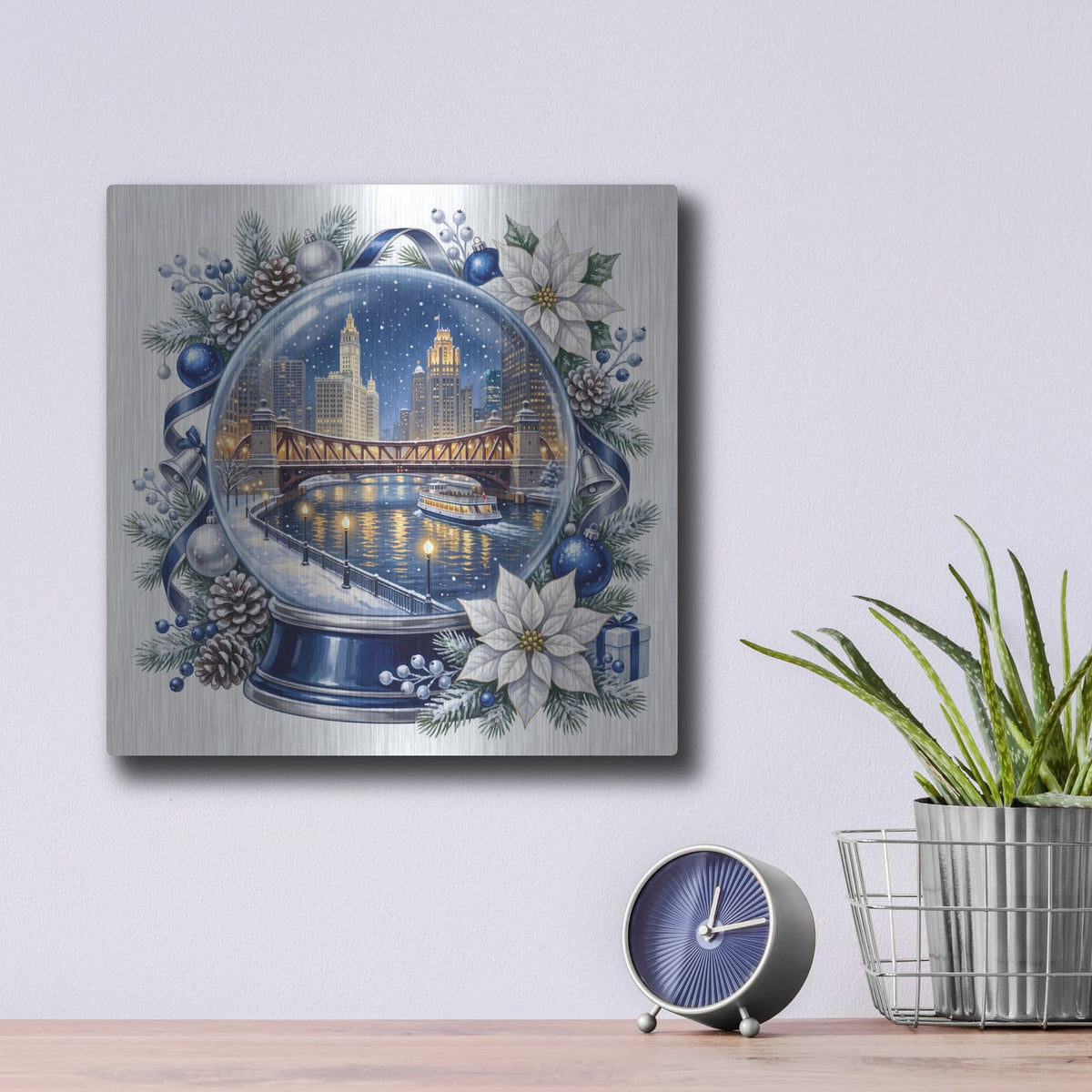 'Chicago River — Holiday Lights Snow Globe' by Veve – Metal Wall Art, 12x12 room view