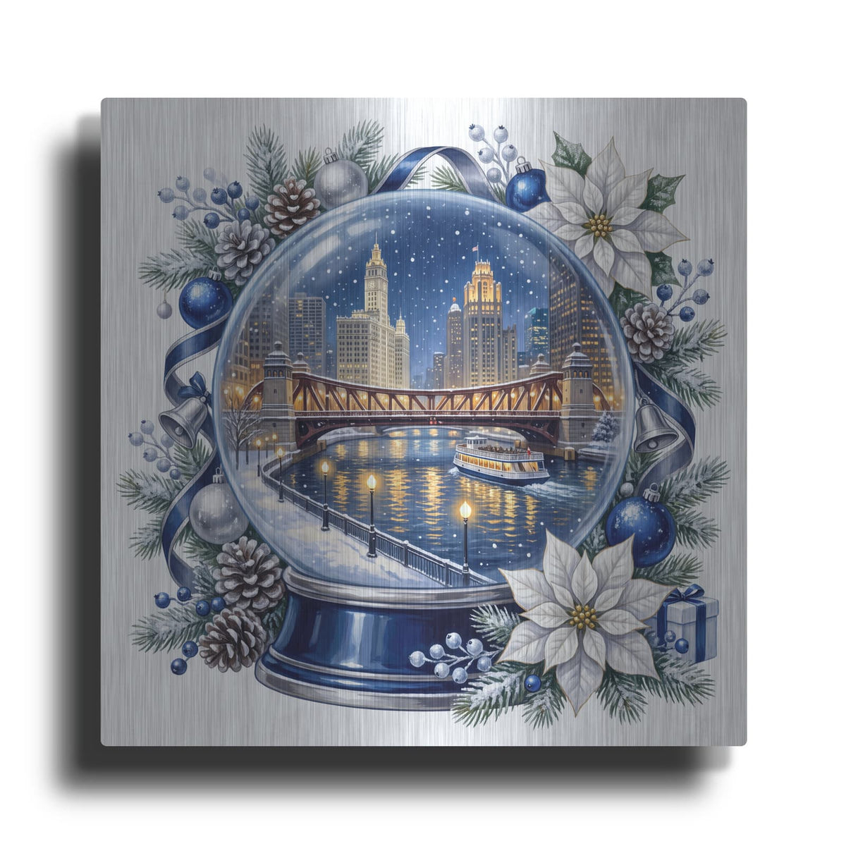 'Chicago River — Holiday Lights Snow Globe' by Veve – Metal Wall Art