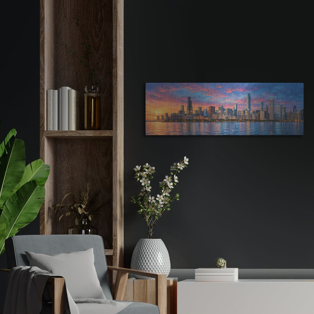 'Chicago Skyline' by Veve – Metal Wall Art, 36x12 room view