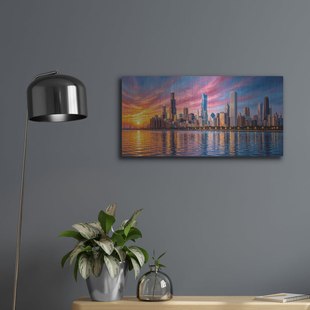 'Chicago Sunset Gold Hour Over Lake Michigan' by Veve – Metal Wall Art, 24x12 room view