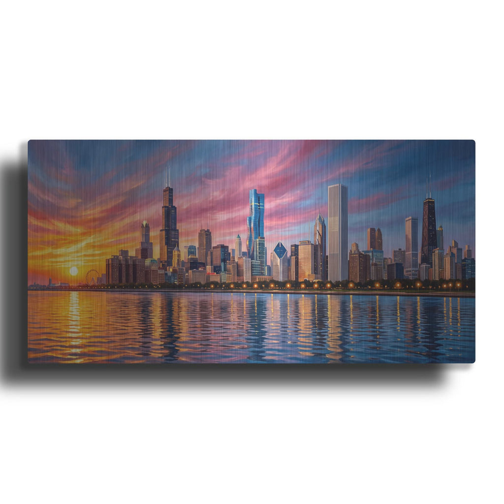 'Chicago Sunset Gold Hour Over Lake Michigan' by Veve – Metal Wall Art