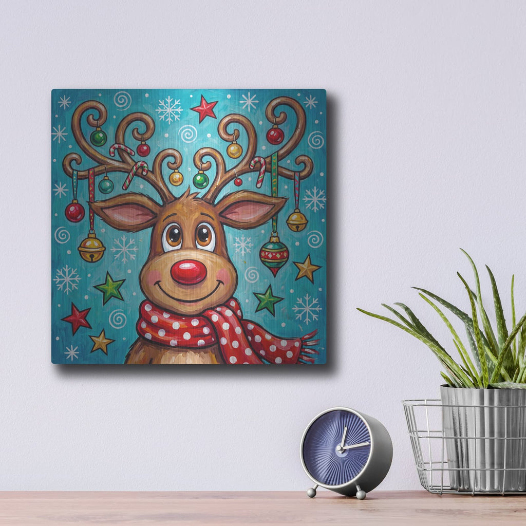 'Christmas Cheer – The Festive Reindeer' by Veve – Metal Wall Art, 12x12 room view