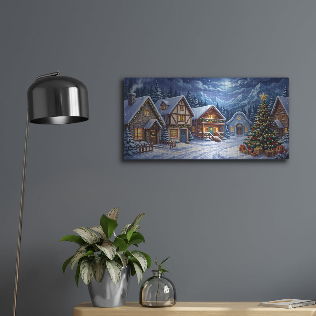 'Christmas Eve in the Mountain Village' by Veve – Metal Wall Art, 24x12 room view