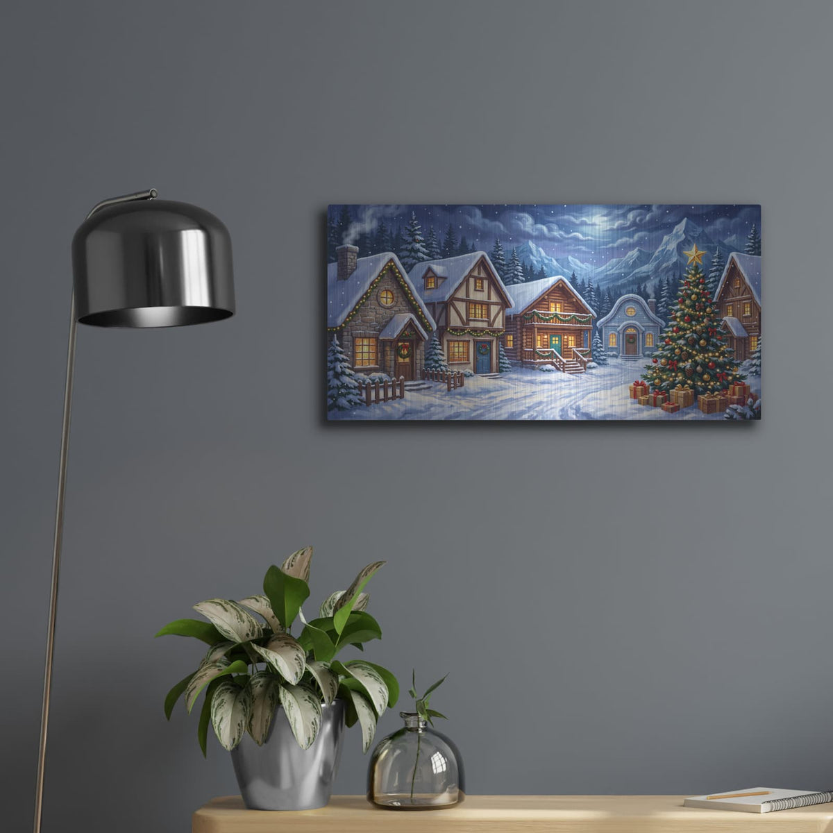 'Christmas Eve in the Mountain Village' by Veve – Metal Wall Art, 24x12 room view