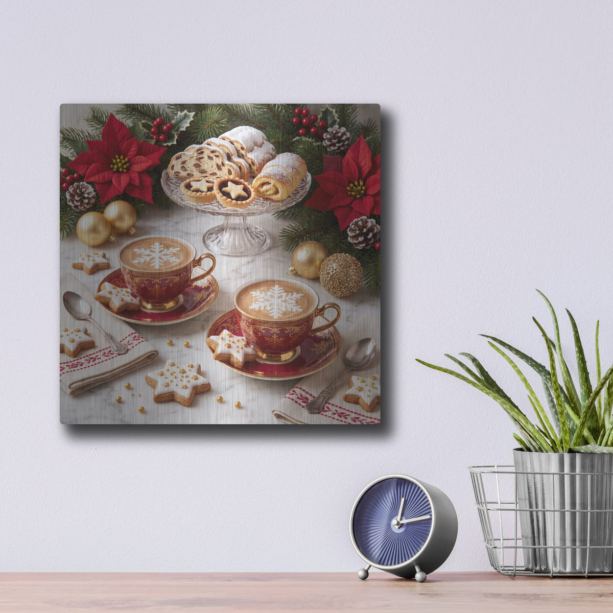 'Christmas Morning Cookies and Cappuccino' by Veve – Metal Wall Art, 12x12 room view