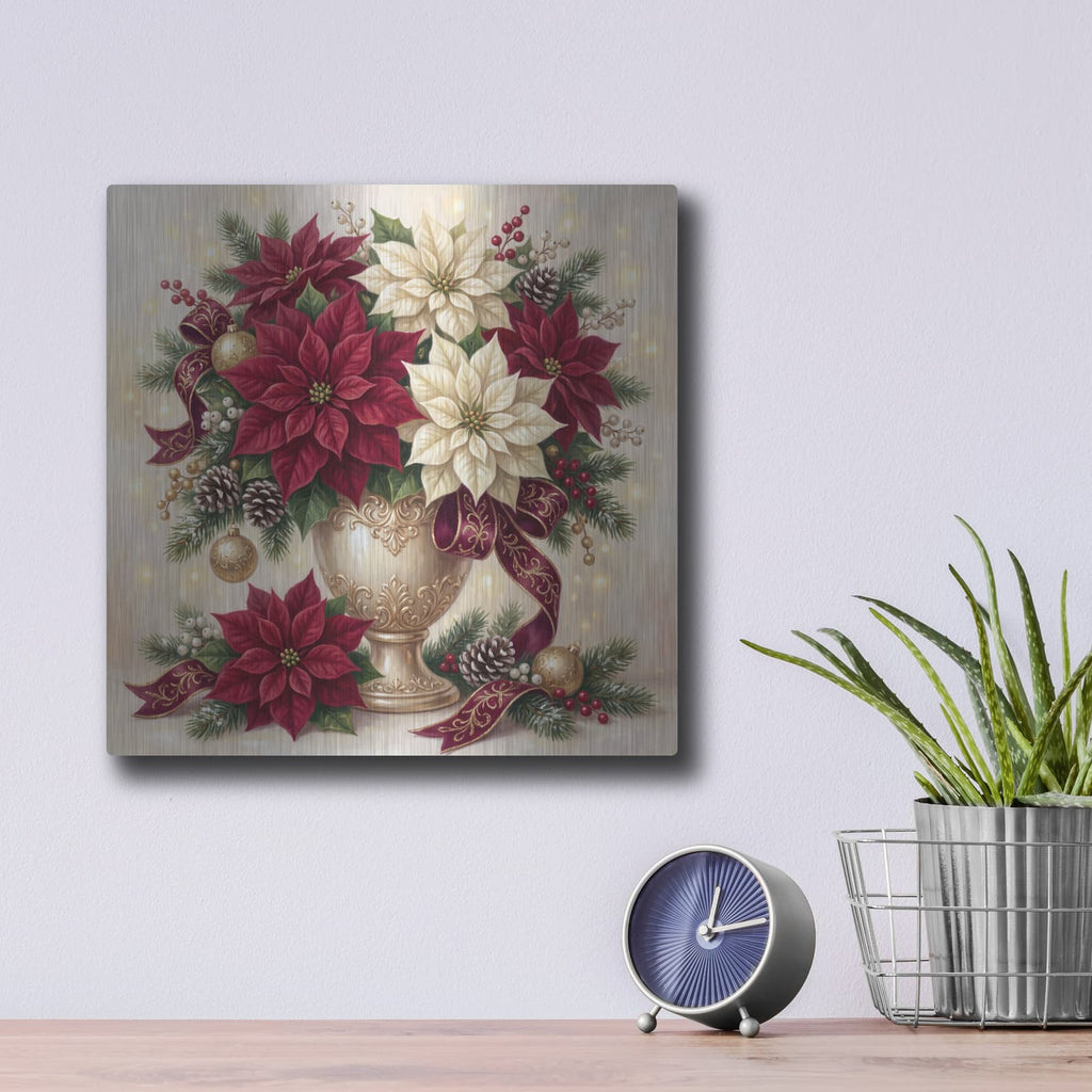 'Christmas Poinsettias — Golden Elegance' by Veve – Metal Wall Art, 12x12 room view