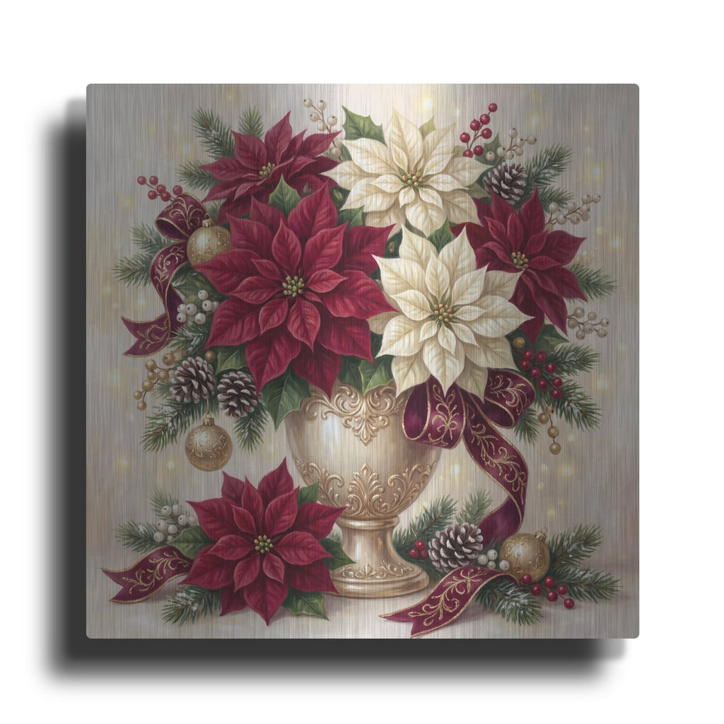 'Christmas Poinsettias — Golden Elegance' by Veve – Metal Wall Art
